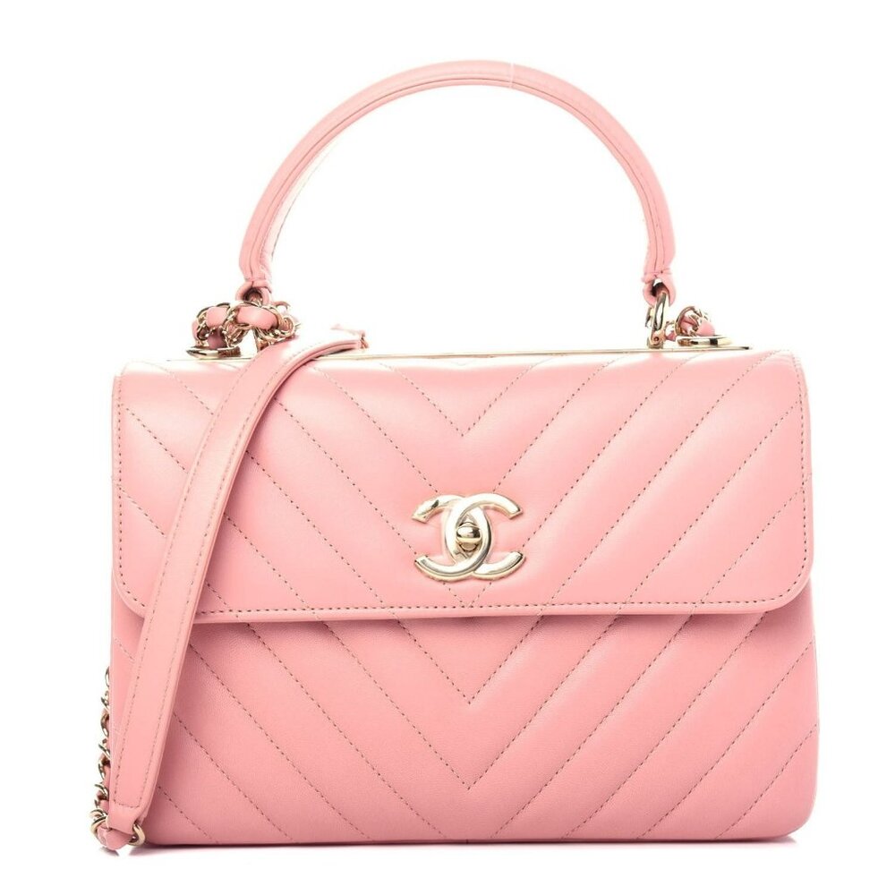 Authentic CHANEL Trendy Chevron Lambskin Quilted Dual Handle Flap Bag Pink Tote - Picture 3 of 12